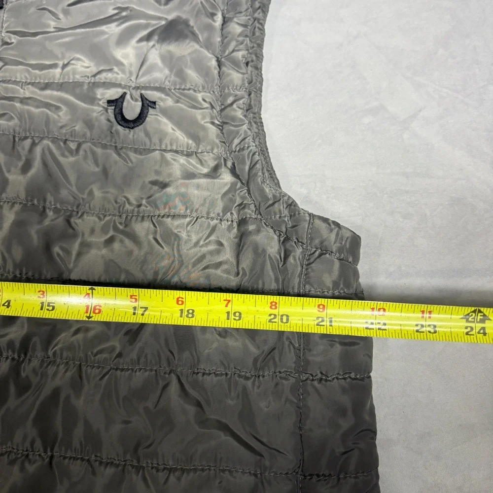 True Religion Mens Puffer Vest Jacket Gray Full-Zip Embroidered Logo Mock Neck L